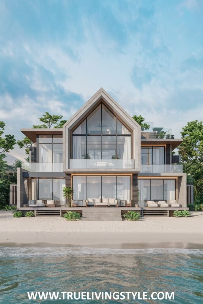 Modern exterior of a luxurious beachfront house with a high ceiling and numerous windows and balconies, situated on a tropical beach.
