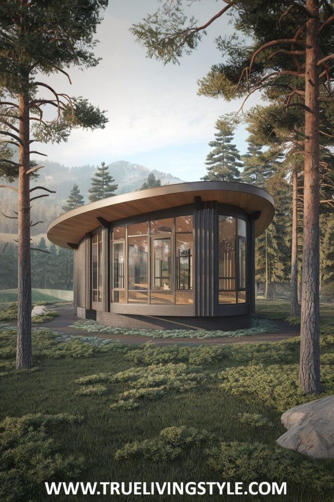 Modern exterior view of a small, round house with large windows and a wooden facade, nestled among tall pine trees in a forest.