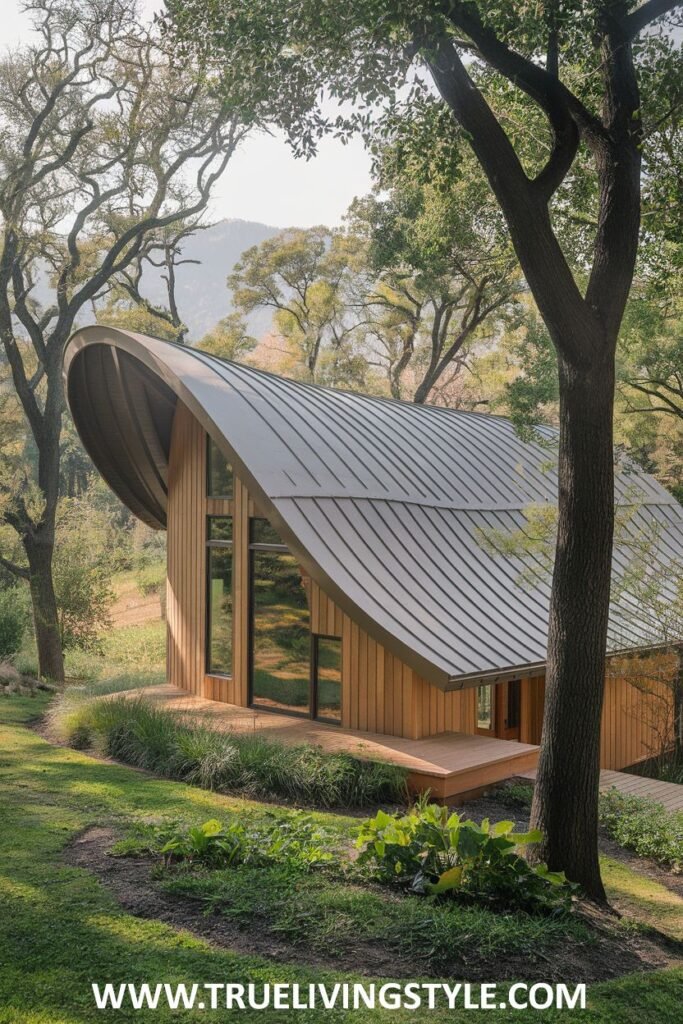 Exterior view of a charming wooden house with a curved metal roof and large windows, integrated into a natural, wooded hillside, displaying a modern design sensibility.