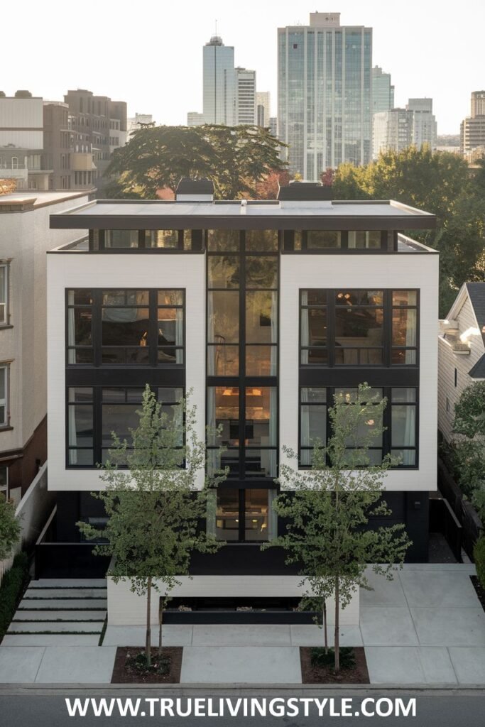Modern exterior of a multi-story house in an urban setting, featuring a flat roof, large windows, and a combination of white and dark facade elements.