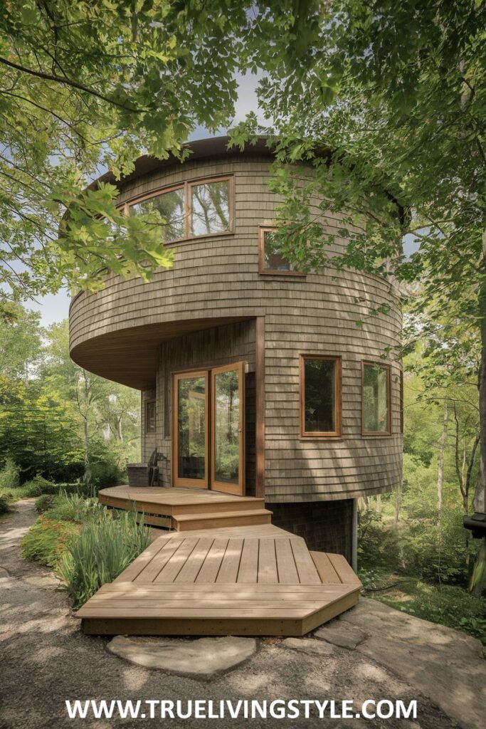 Exterior view of a whimsical, round wooden house built among trees, featuring a modern design interpretation of a treehouse.