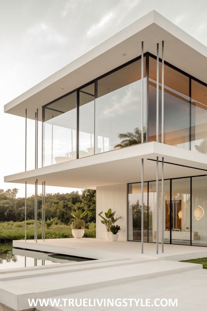 Modern exterior view of a two-story house with large glass windows and a flat roof, surrounded by greenery and a pool.