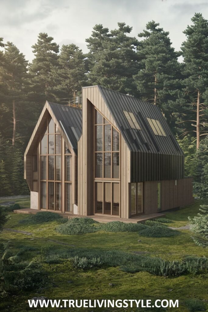 Modern exterior of a uniquely shaped wooden house with tall windows and a dark roof, set within a forest landscape.