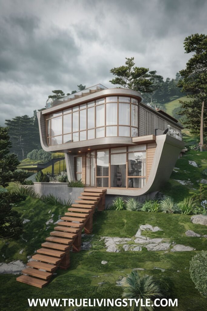 Modern exterior view of a curved house with many windows, built on a hillside with trees and a wooden staircase leading up to it.