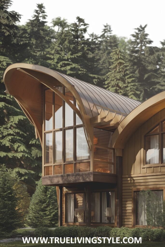 Close-up exterior view of a modern wooden house with a curved roof and large windows, surrounded by tall trees.
