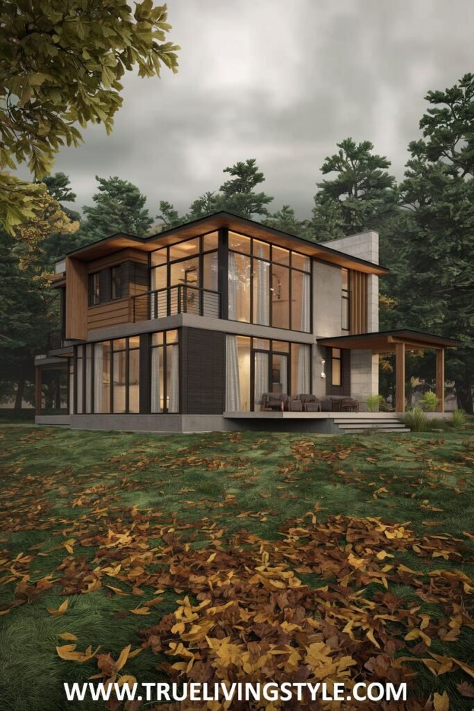 Modern exterior of a multi-level house with large windows, concrete elements, and wooden accents, situated on a lawn with autumn leaves.