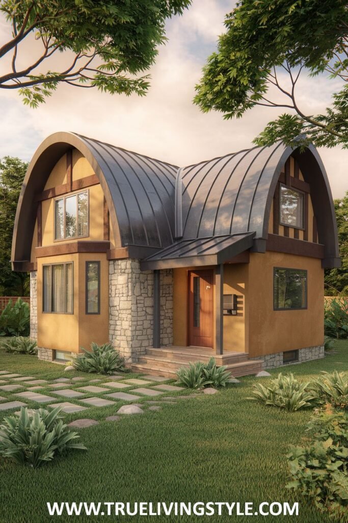 Exterior view of a charming, somewhat rustic house with a curved metal roof and stone and stucco walls, featuring a modern touch in its design.