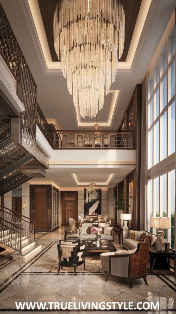 Grand double-height entrance foyer living room in a luxury mansion with a large crystal chandelier, marble flooring, a sweeping staircase, and comfortable seating.