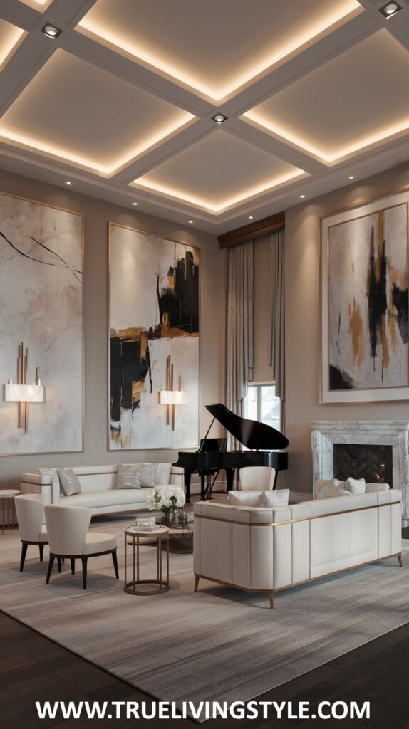 Bright and spacious living room in a mansion with tall windows, a grand piano, large pieces of modern art, and light-colored sofas and chairs.