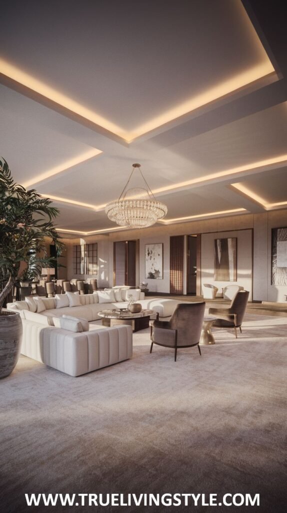 Open-plan modern living room and dining area in a mansion with comfortable sofas and armchairs in the living room space and a modern chandelier.