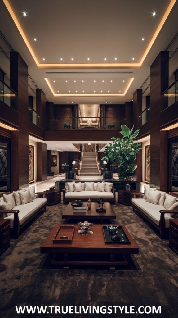 Warm wood-toned living room in a mansion with rich wood paneling, multiple comfortable seating areas, and a large indoor plant.