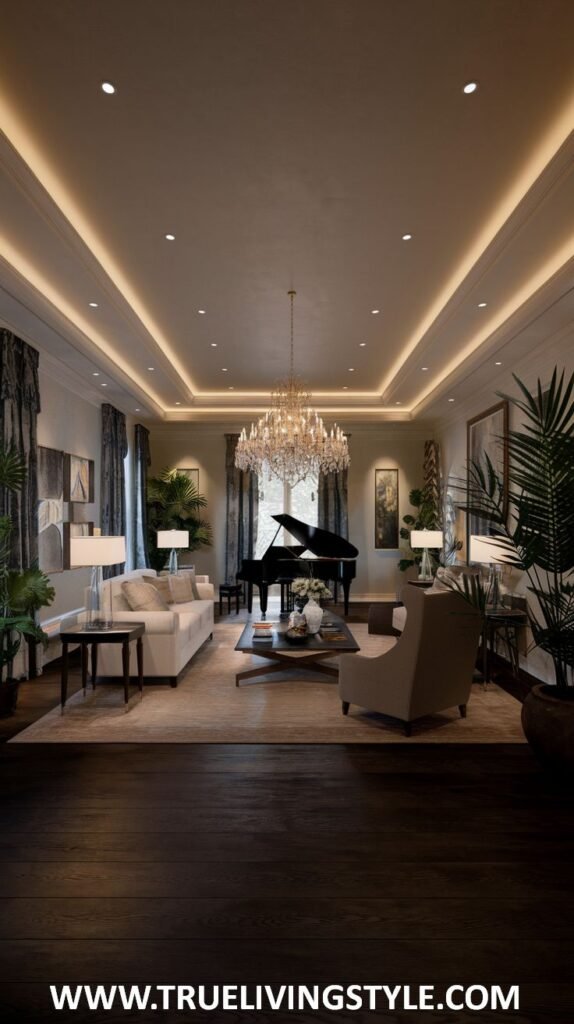 Elegant living room in a mansion with bay windows, window seats, a grand piano, a sophisticated chandelier, and soft neutral tones.