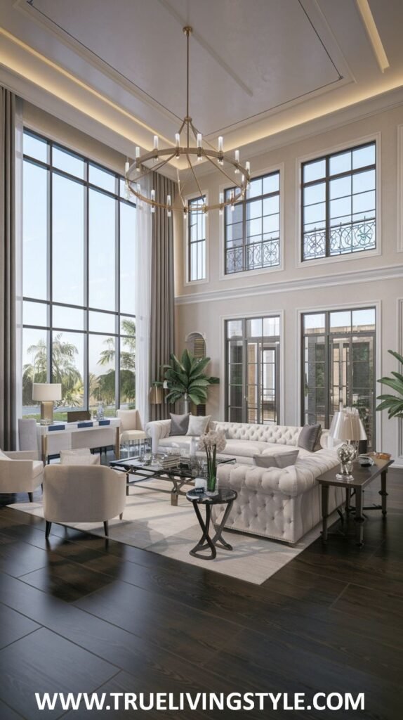 Bright and airy living room in a mansion with high windows, dark wood flooring, a comfortable white sofa, and armchairs.