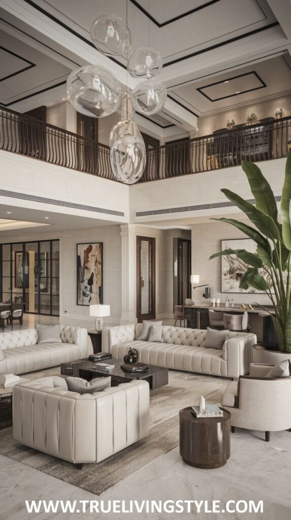 Modern two-story living room in a mansion with a gallery, sculptural pendant lighting, comfortable white sofas and armchairs, and contemporary artwork.