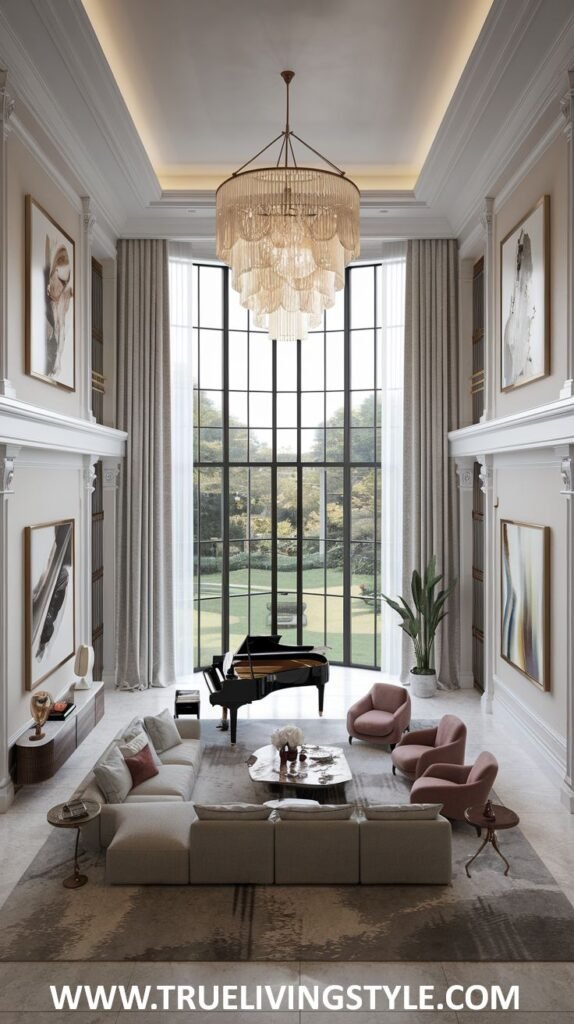 Grand high-ceiling living room in a mansion with a grand piano, tall windows, a statement chandelier, comfortable seating, and large artwork.