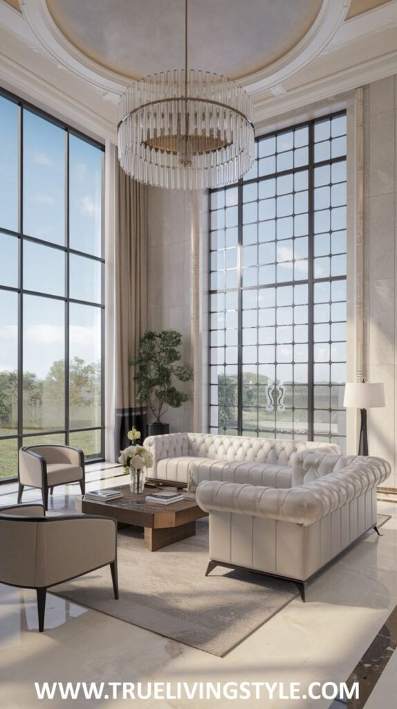 Corner window living room in a mansion with panoramic views, a modern circular chandelier, a plush white sofa, and comfortable armchairs.