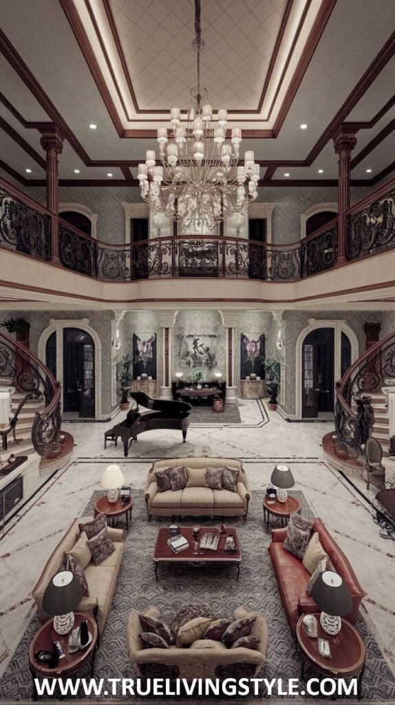 Ornate reception area living room in a mansion with a double sweeping staircase, multiple seating areas, and luxurious decorative details.