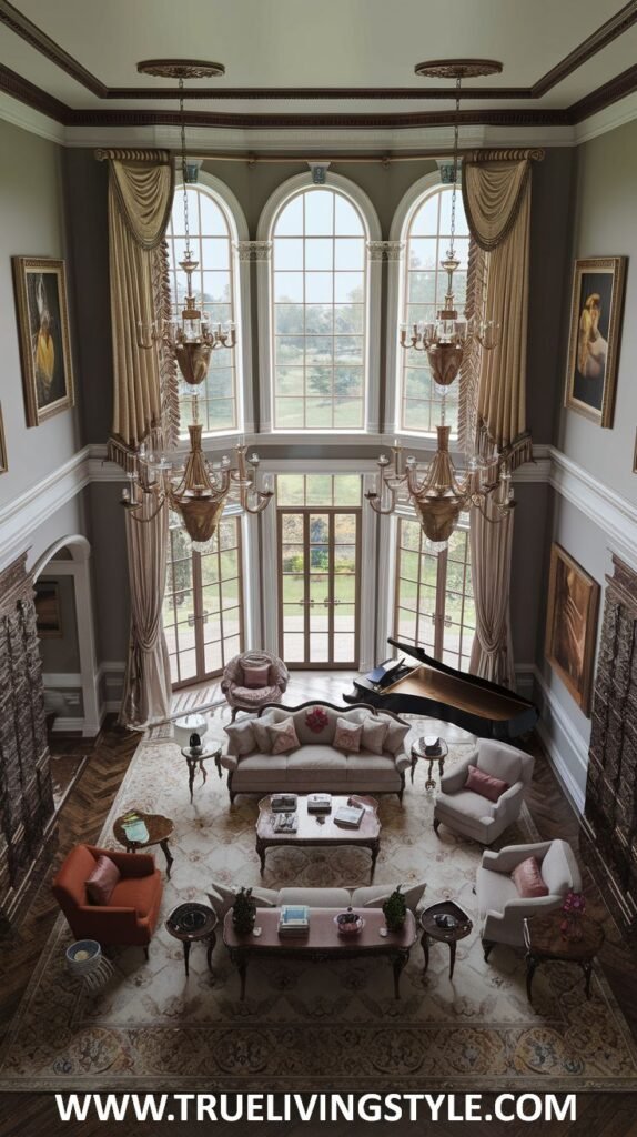 Traditional grand living room in a mansion with arched windows, a grand piano, elegant furnishings, classic artwork, and ornate details.