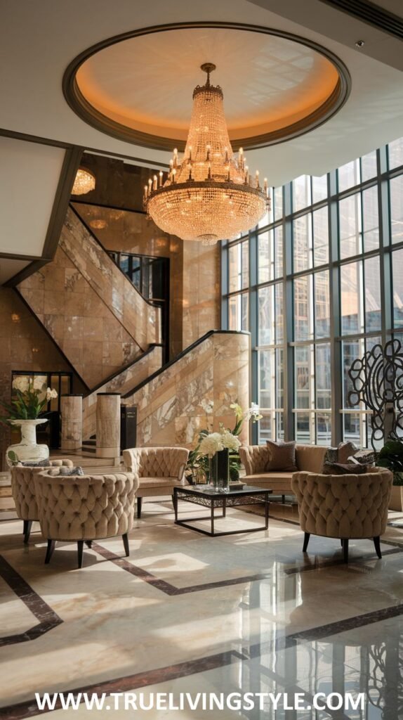 Bright modern lobby lounge living room in a mansion with floor-to-ceiling windows, a statement crystal chandelier, plush armchairs, and sofas in neutral tones.