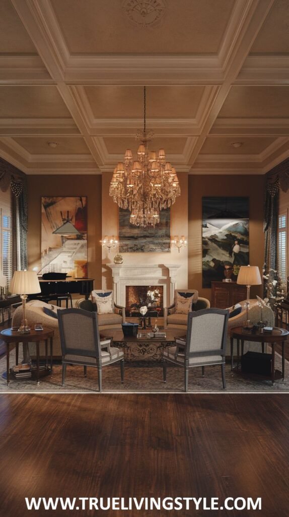 Warm and inviting living room in a mansion with a fireplace, a coffered ceiling, and comfortable sofas and armchairs in warm tones.