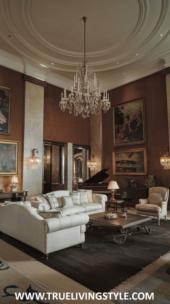 Rounded wall living room in a mansion with an elegant crystal chandelier, comfortable white sofas and armchairs, and large artwork on the curved wall.
