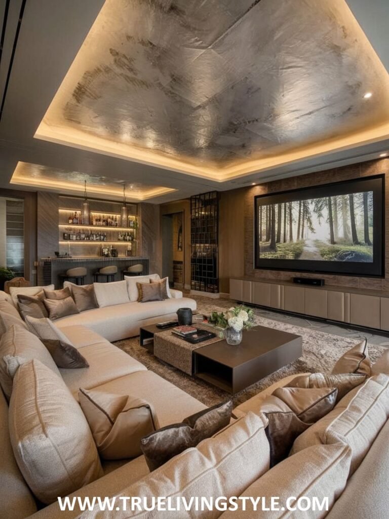 Modern entertainment-focused lounge living room in a mansion with a built-in bar, a large media wall, and a large sectional sofa.