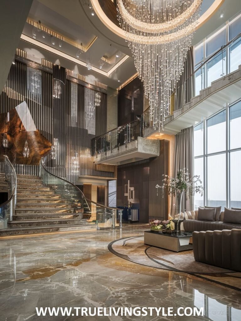 Contemporary foyer living room in a mansion with a sculptural staircase, a striking modern chandelier, large windows, and comfortable seating.