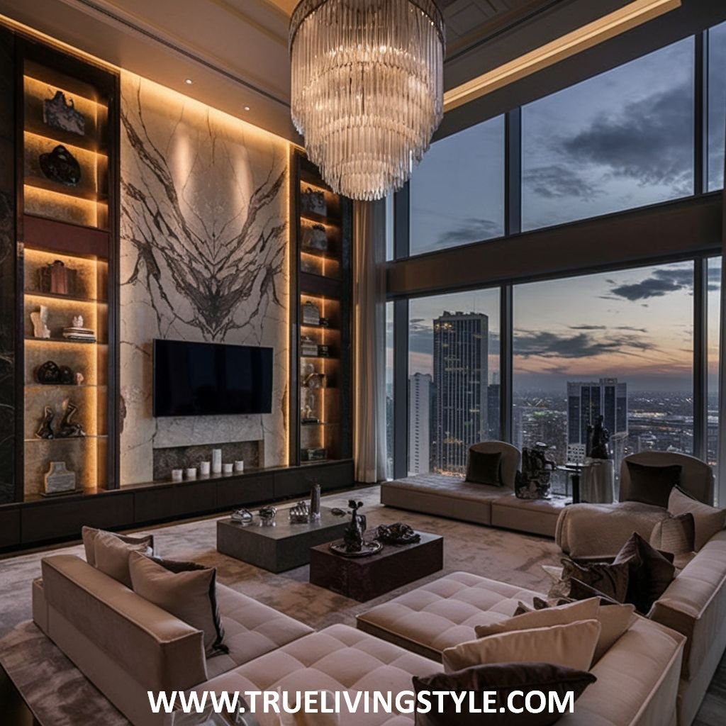 Modern penthouse living room in a mansion with city views, a statement marble fireplace, and comfortable sofas and armchairs in neutral tones.