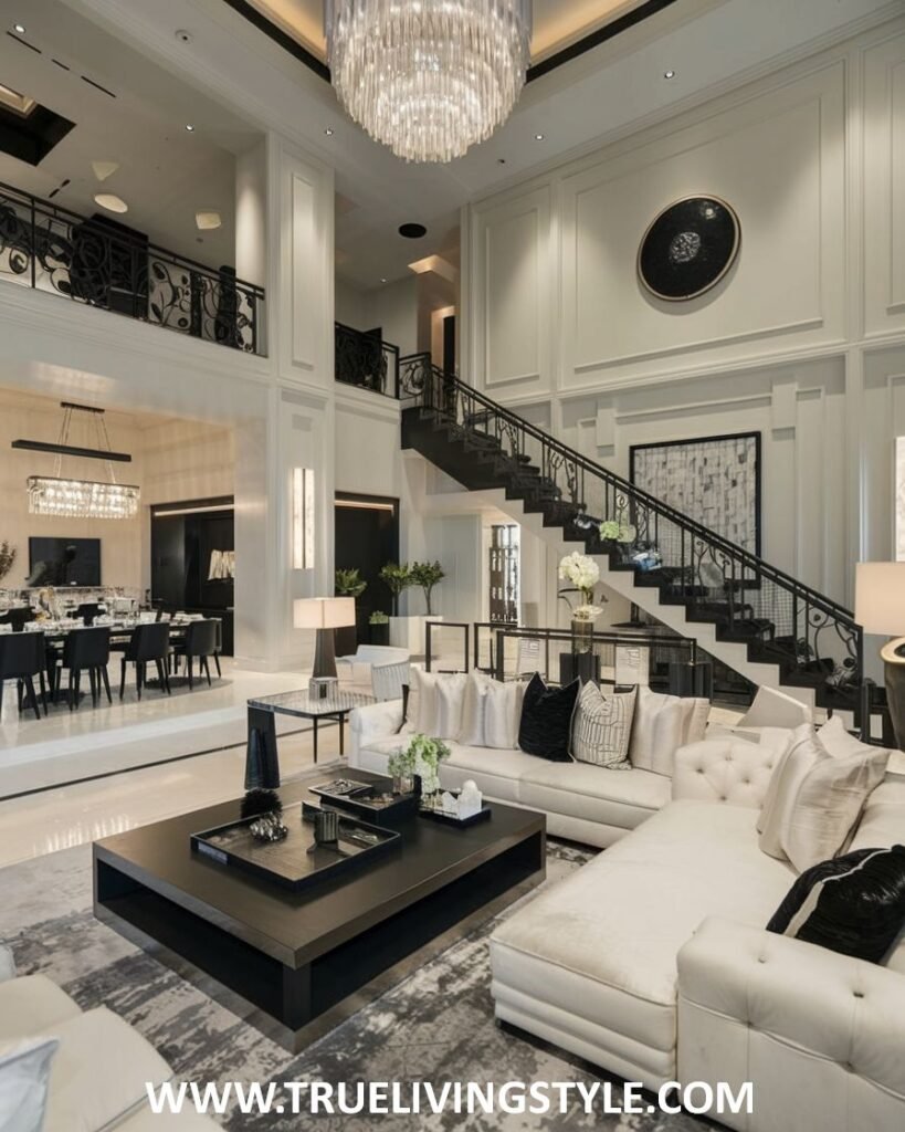 Elegant white living room in a mansion with black accents, a gallery overlooking the living room space, a large white sectional sofa, and comfortable armchairs.