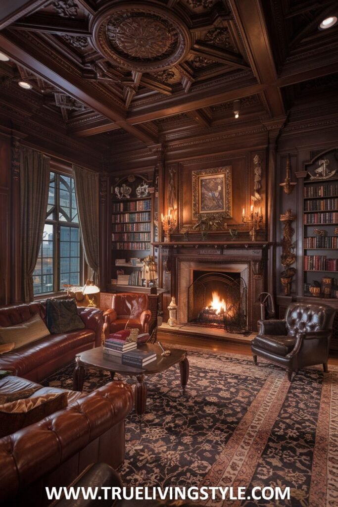 Traditional wood-paneled library living room in a mansion with built-in bookcases, a classic fireplace, and comfortable leather sofas and armchairs.