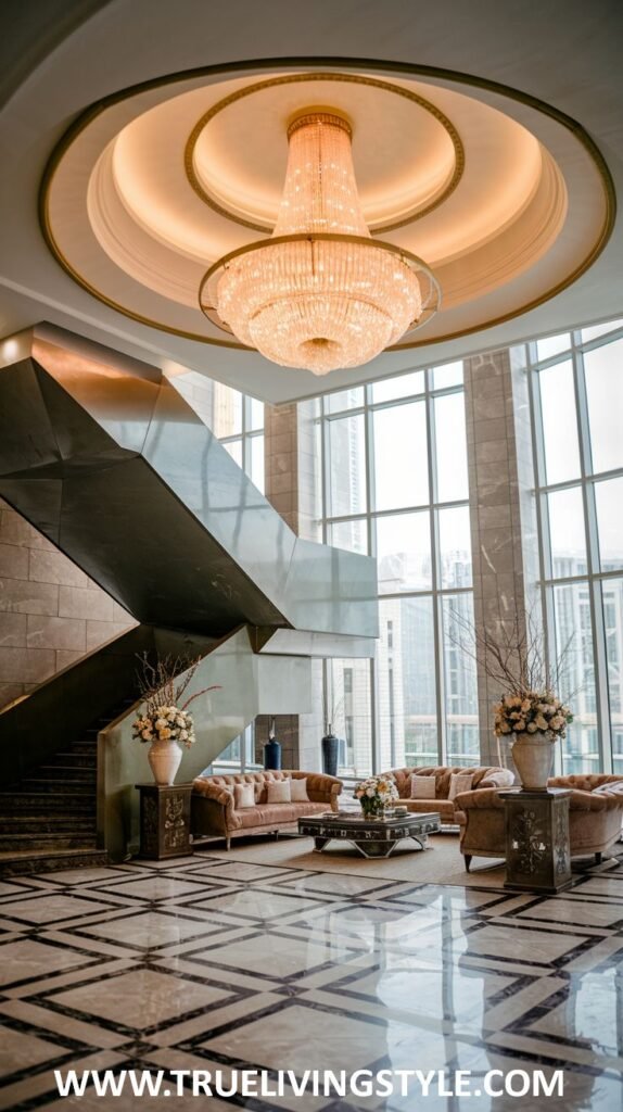 Elegant high-ceiling reception area living room in a mansion featuring patterned marble flooring, a large ornate crystal chandelier, and comfortable seating arrangements.