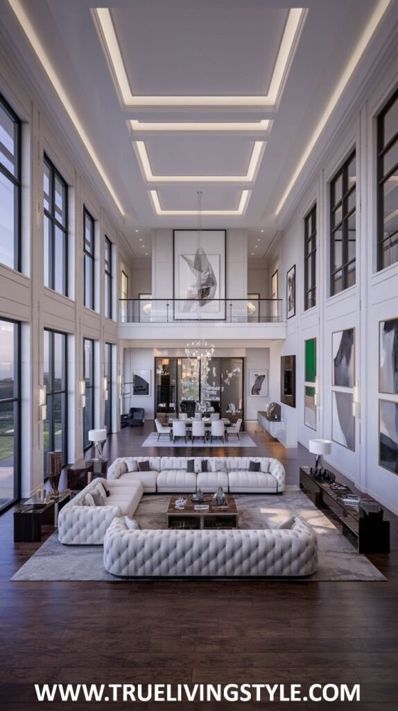 Expansive two-story living room in a mansion with a double-height ceiling, a gallery overlooking the main floor, and large white sectional sofas.