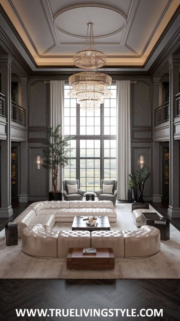 Sophisticated dark palette living room in a mansion with a double balcony, a large tiered chandelier, and a large cream-colored sectional sofa.