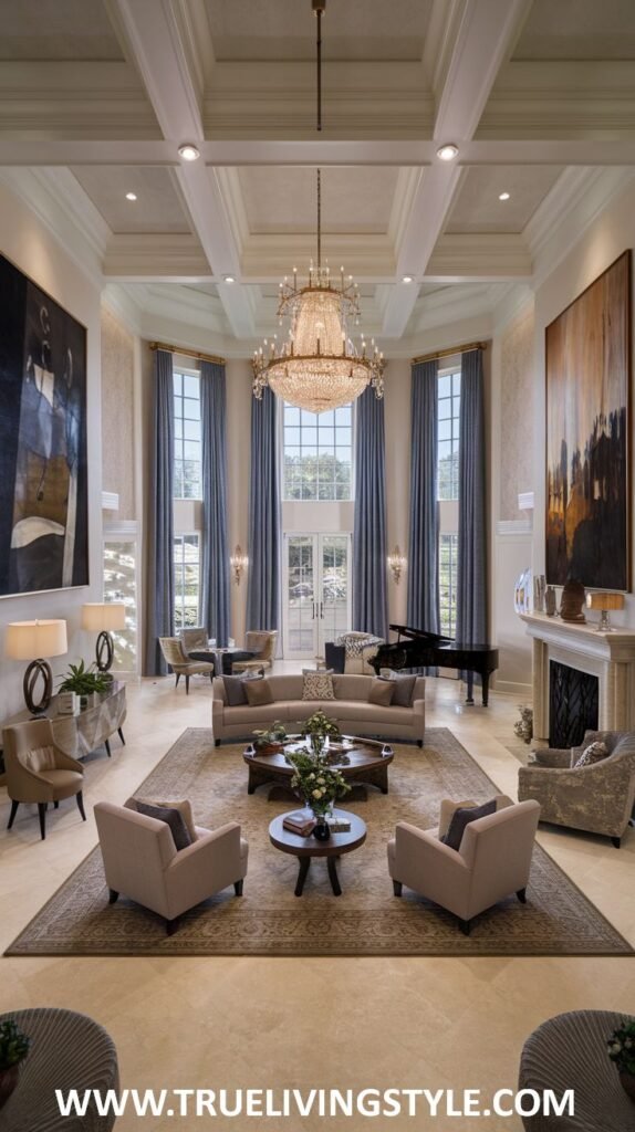 Light-filled grand salon living room in a mansion with tall windows, draped curtains, a grand piano, a classic fireplace, and large artwork.