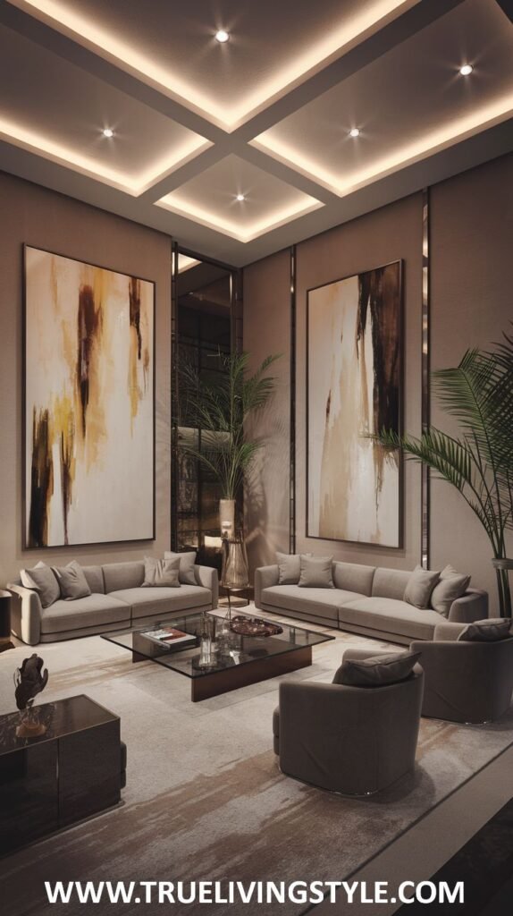 Contemporary neutral-toned lounge living room in a mansion with abstract art on the walls, comfortable sofas and armchairs, and subtle lighting.