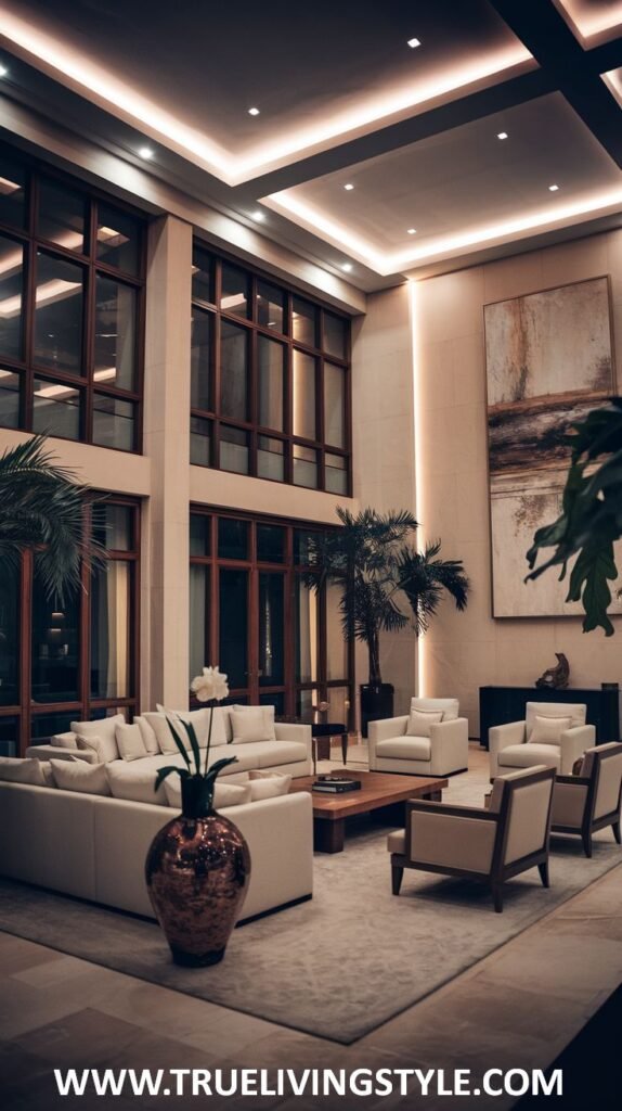Modern high-ceiling living room in a mansion with tall windows, ample natural light, comfortable white sofas and armchairs, and large indoor plants.