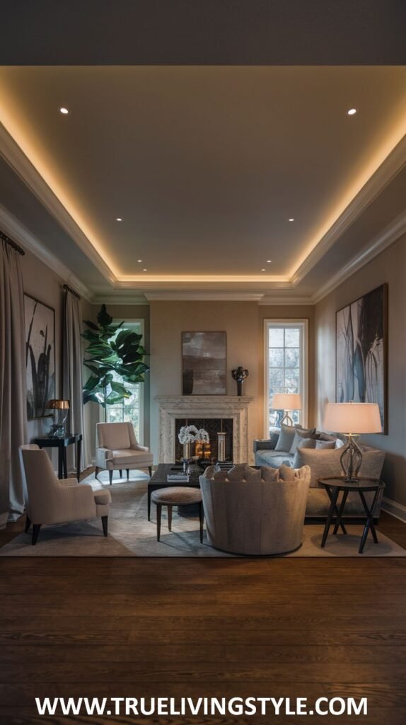 Cozy and elegant living room in a mansion with a classic fireplace, comfortable armchairs and sofas in soft colors, and sophisticated lighting.