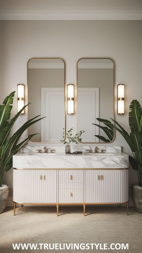 A spacious and bright luxury powder room with double rectangular mirrors framed in gold, a long marble countertop with double sinks and gold fixtures, and lush green potted plants adding a touch of nature.
