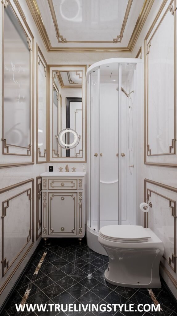 A compact yet luxurious powder room with marble walls accented by gold trim, a small round mirror with integrated lighting above a white vanity with gold handles, a toilet, and a modern glass-enclosed shower.