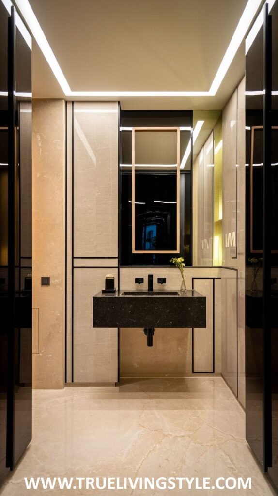 A modern and minimalist luxury powder room with uniquely patterned geometric wall panels, a rectangular mirror with a thin pink frame, and a sleek black floating sink with contemporary fixtures.