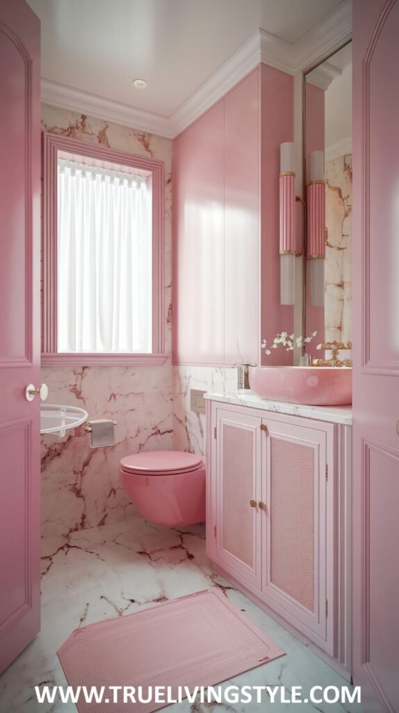 A vibrant and stylish luxury powder room dominated by shades of pink, featuring marble walls, a framed window with a sheer white curtain, a matching pink toilet, and a pink vanity with a round vessel sink and gold hardware.
