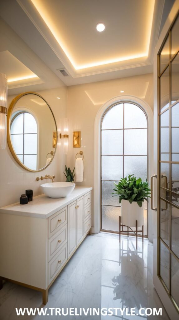 A bright and spacious luxury powder room with clean white walls, a tall arched window allowing natural light, a round gold-framed mirror above a long white double vanity with gold accents and fixtures, and a large potted plant in a gold stand.