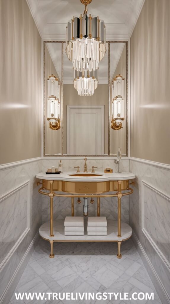 An art deco-inspired luxury powder room with striped beige wallpaper, a grand mirror reflecting a multi-tiered crystal chandelier, a curved marble countertop on an elaborate gold washstand, and marble wainscoting.