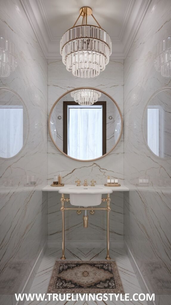 A sophisticated and elegant luxury powder room with white marble walls, a round gold-framed mirror centered above a white sink with gold fixtures on a marble shelf supported by gold legs, and a decorative patterned rug on the floor.