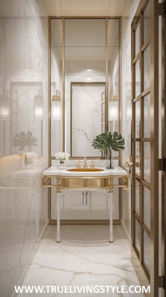 A narrow and elegant luxury powder room with white marble walls, a tall rectangular mirror with a gold frame, a marble countertop on a sleek gold washstand with a striking gold vessel sink, and a glass-paneled door.