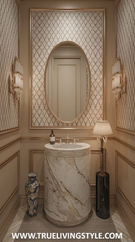 A uniquely designed and luxurious powder room with patterned wallpaper and wainscoting, an oval mirror, a cylindrical marble pedestal sink, and stylish decorative elements including a floor lamp and a tall vase.