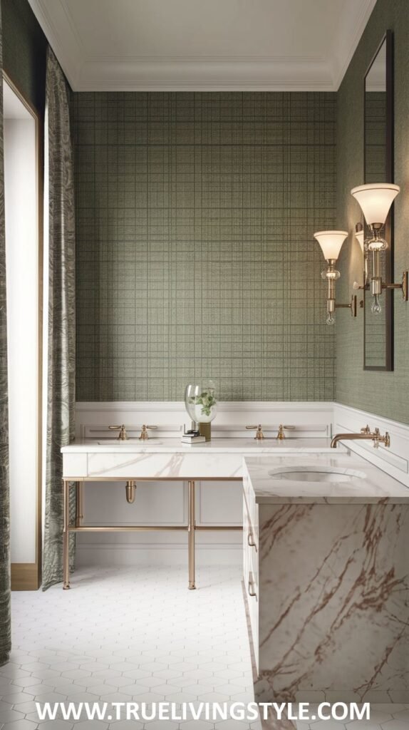 A refined and subtly patterned luxury powder room with muted green wallpaper, a tall rectangular mirror, a long marble countertop with double sinks and elegant gold fixtures, and clean white hexagonal floor tiles.