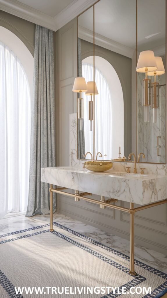 An elegant and bright luxury powder room featuring tall arched windows with patterned curtains, a large mirror, a marble countertop on a minimalist gold washstand with a gold vessel sink, and a patterned rug with a blue border.