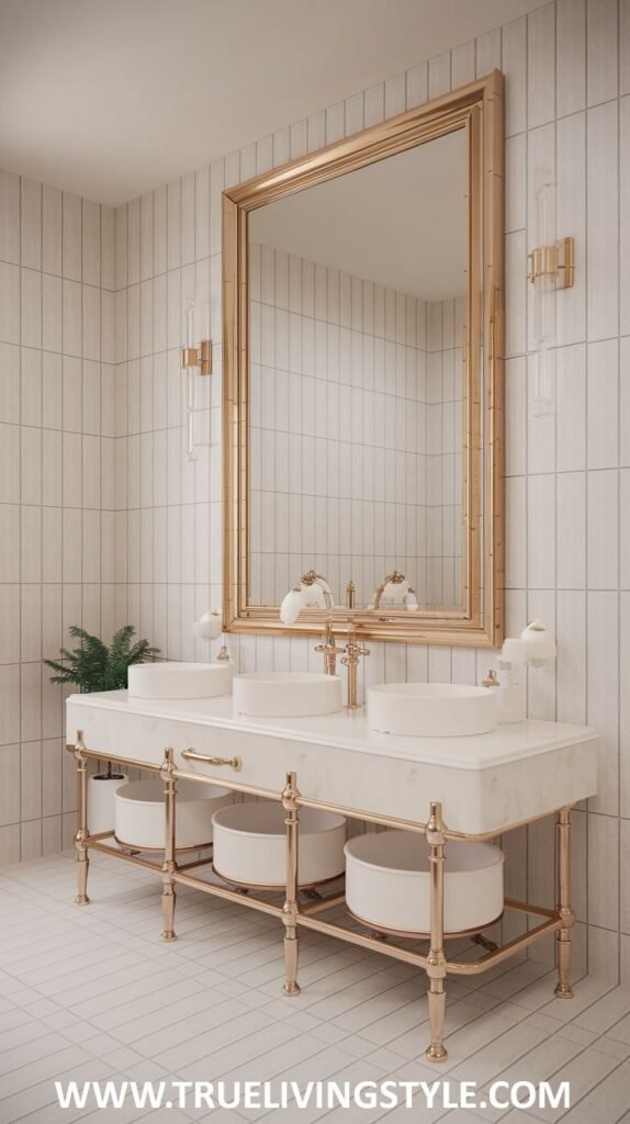 A bright and spacious luxury powder room with white vertical tiled walls, a large gold-framed rectangular mirror, a long white marble double vanity with ornate gold legs and fixtures, and white storage baskets on a lower shelf.