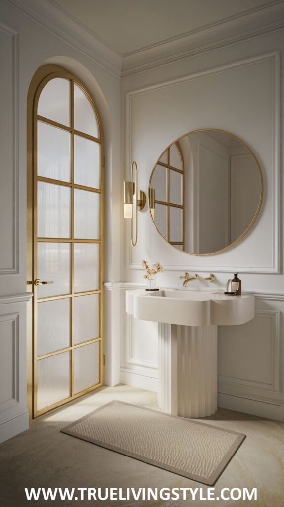 A bright and airy luxury powder room featuring a gold-framed arched glass door, a round gold-framed mirror above a white pedestal sink with gold fixtures, and elegant gold wall sconces.